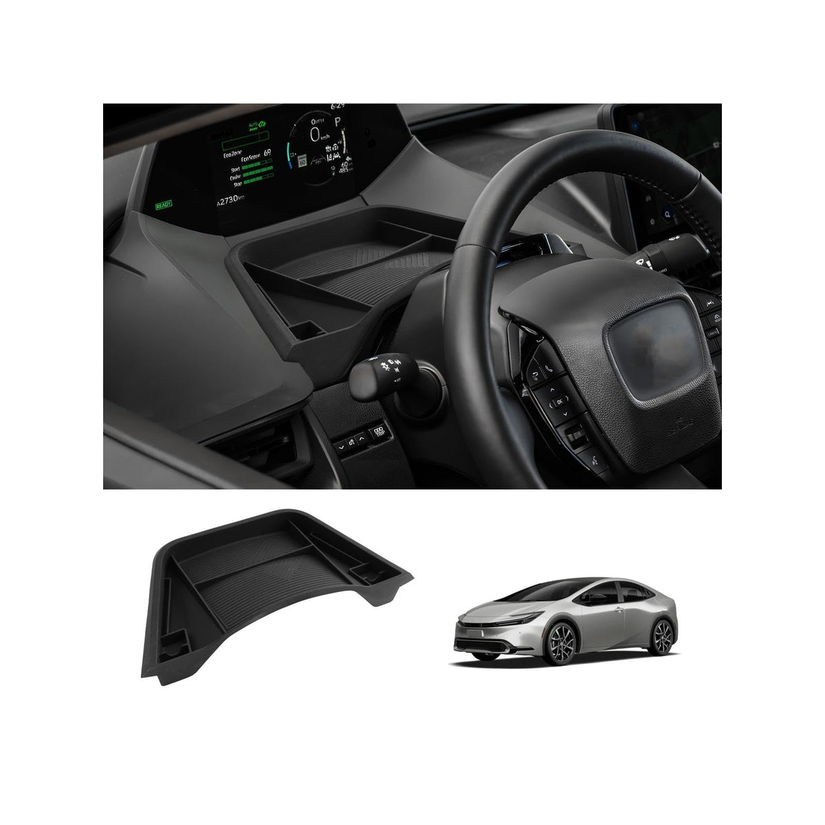 LUWU Prius dashboard storage tray neatly installed in the console for organized driving
