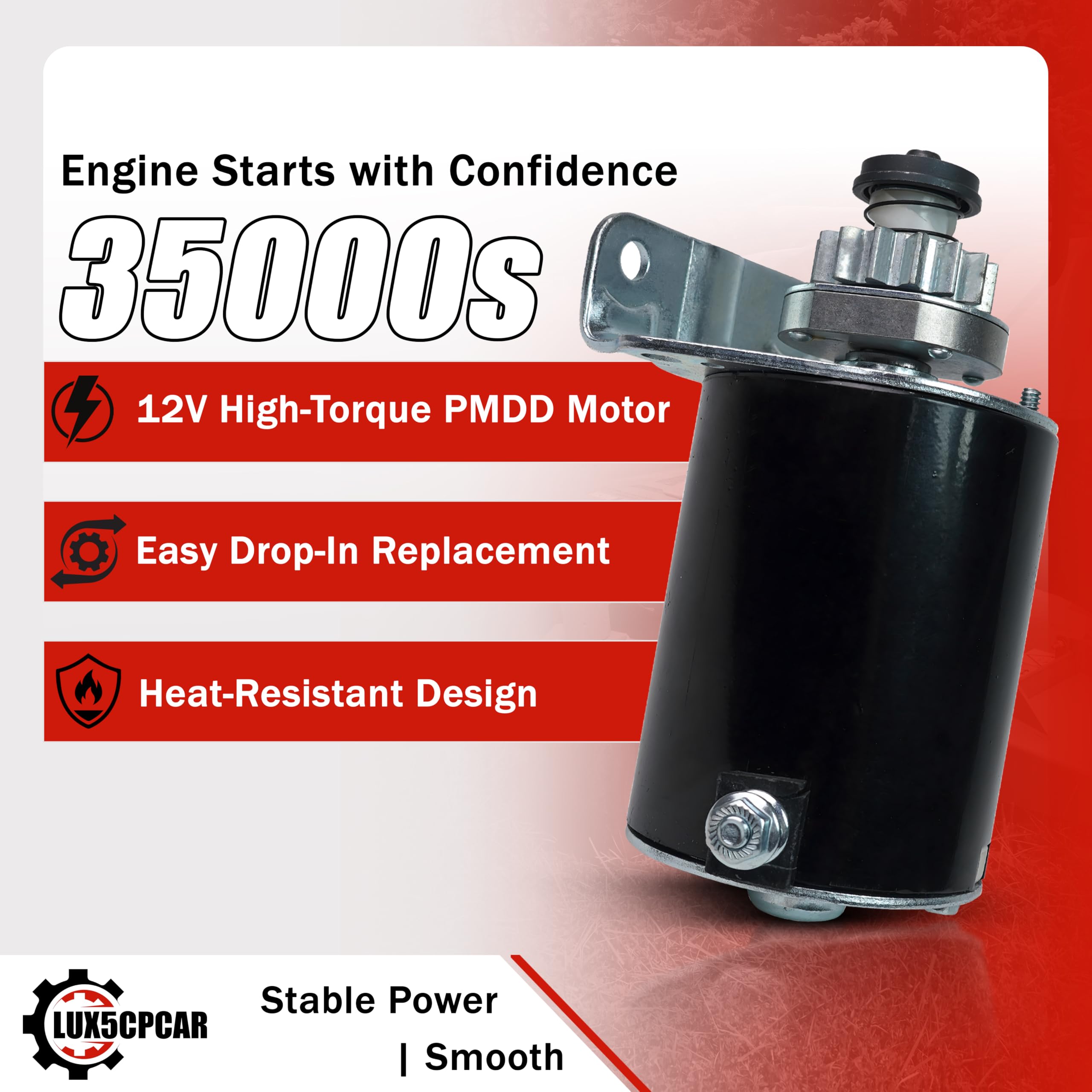 LUX5CPCAR starter assembly with bolts demonstrates easy installation