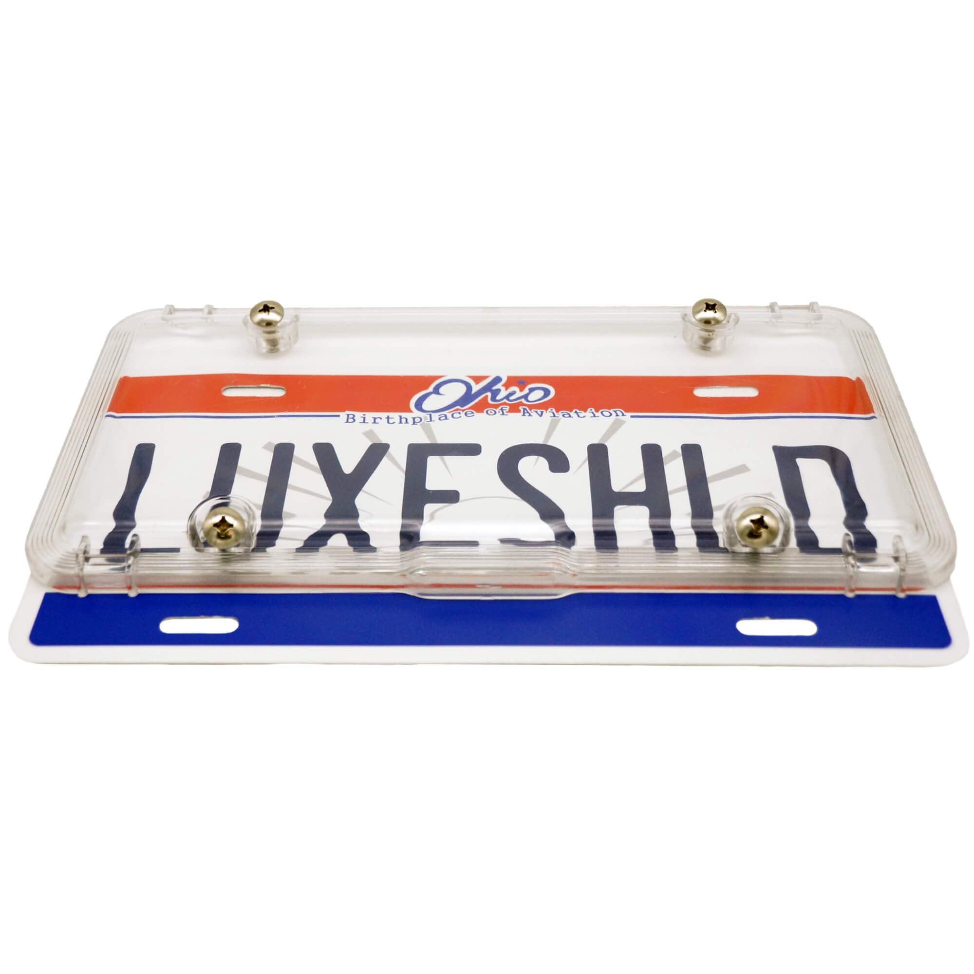 Luxe Shield premium clear license plate cover rear view highlighting weatherproof protection.
