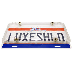 Luxe Shield premium clear license plate cover rear view highlighting weatherproof protection.