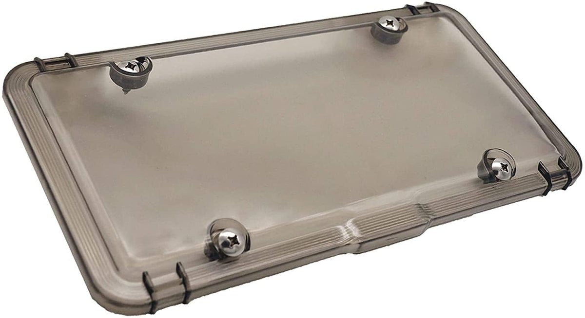 Luxe Shield smoked license plate cover offers premium protection and style.