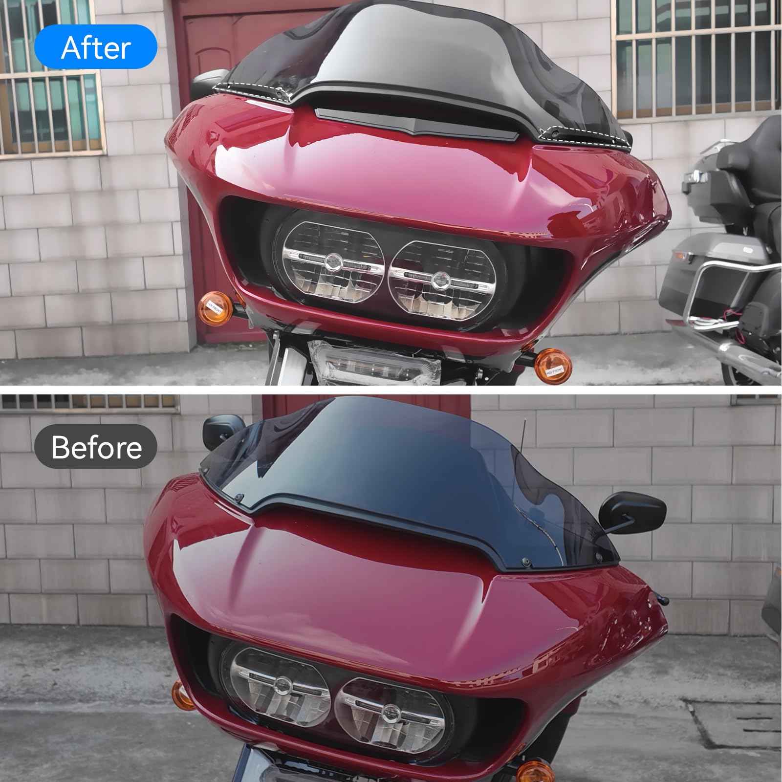 LUXEMOTO right-side Road Glide windshield trim smooths transition from fairing to windscreen.