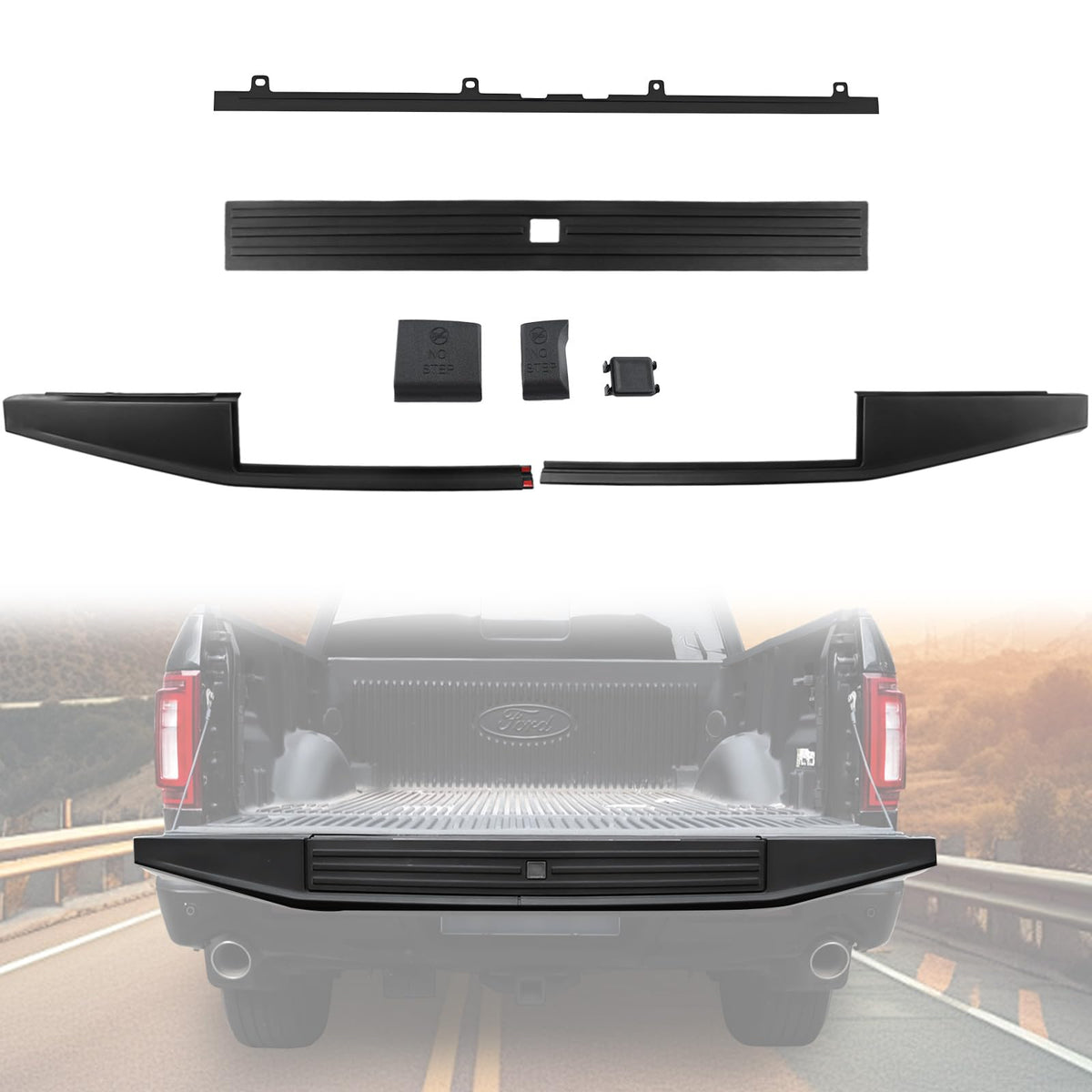 LUXEMOTO tailgate cover molding with flex-step cap on Ford F-150 for edge protection