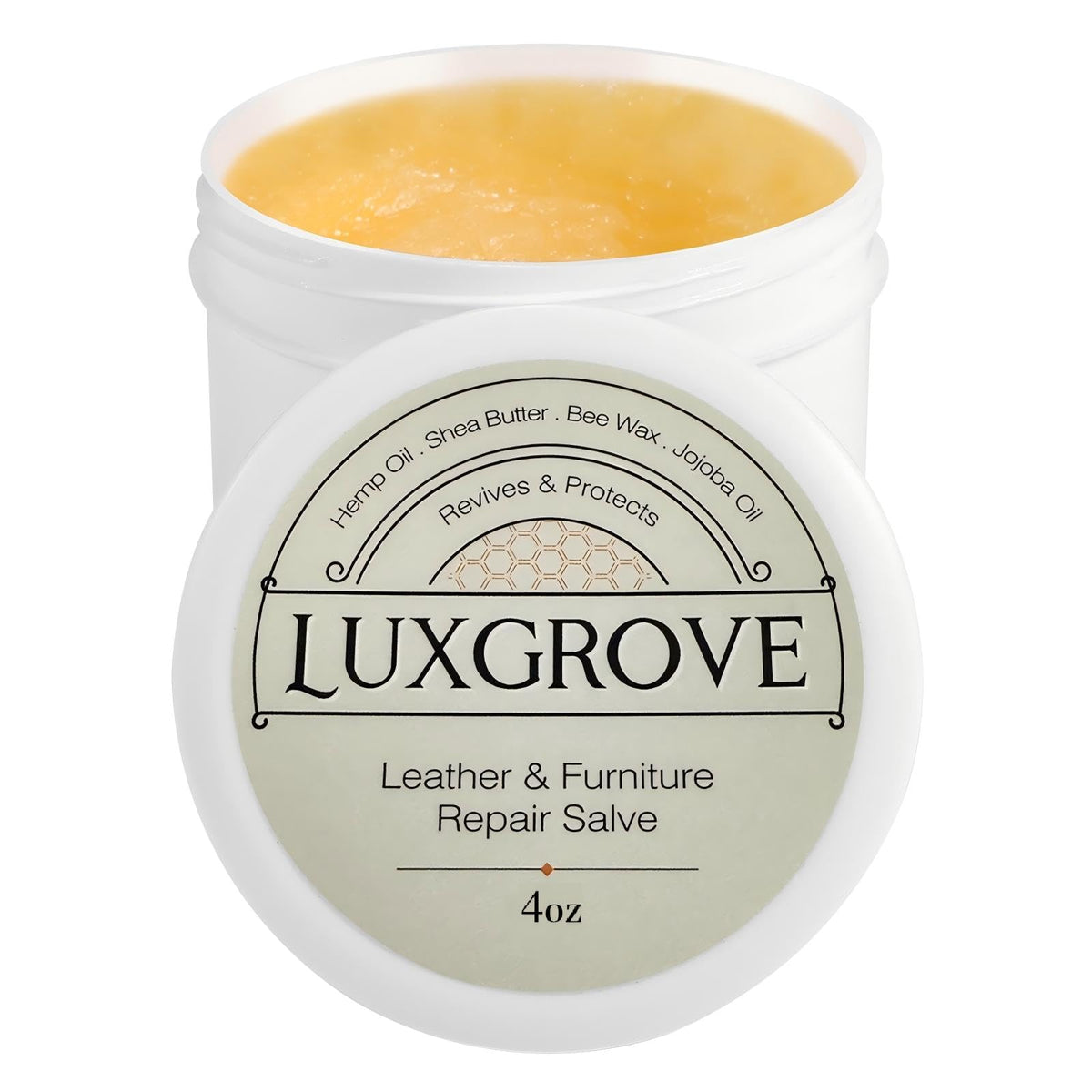 LUXGROVE Leather Repair Salve bottle close-up for revitalizing leather