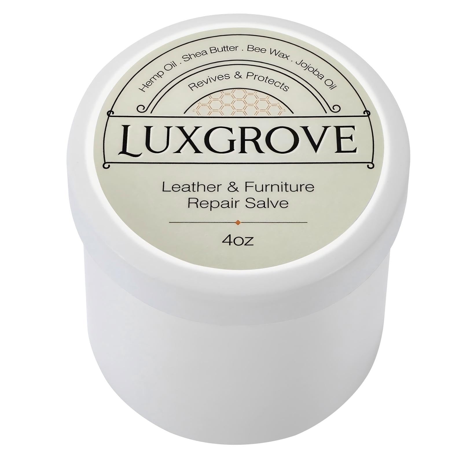 LUXGROVE Leather Salve bottle close-up shows color restoration potential.