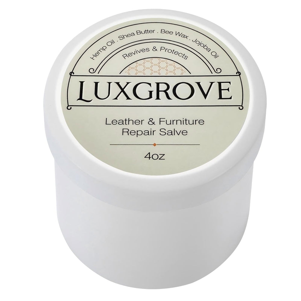 LUXGROVE Leather Salve bottle close-up shows color restoration potential.