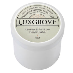 LUXGROVE Leather Salve bottle close-up shows color restoration potential.