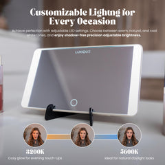 Luxique mirror with detachable stand for vanity or desk use.