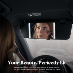 Luxique sun visor mirror with three LED modes provides warm, natural, and cool lighting.