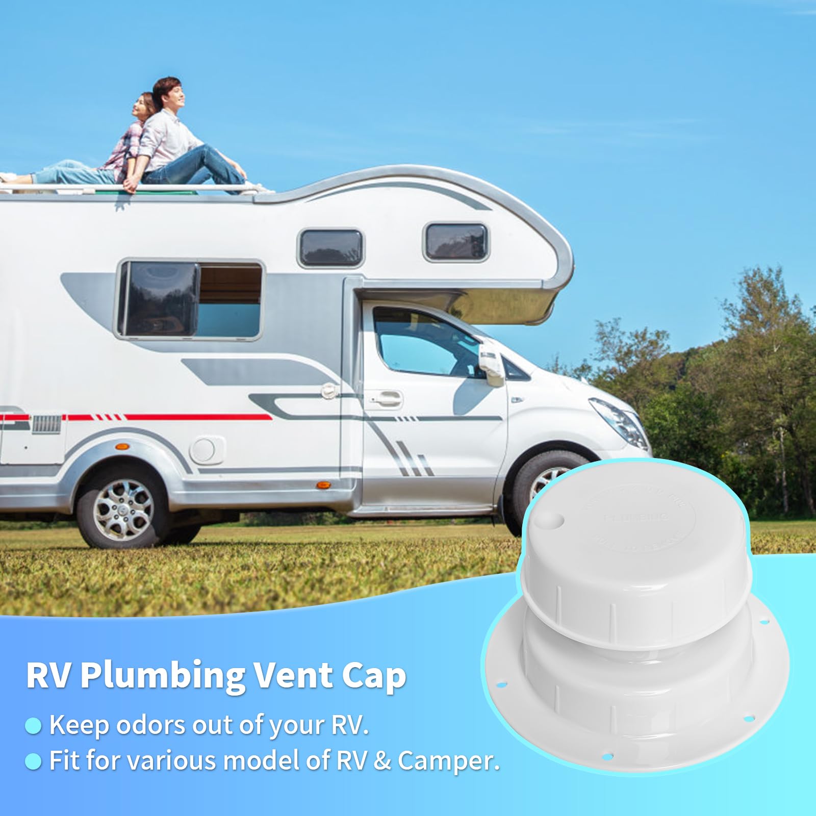 Luxlead vent cap installed on an RV roof demonstrating weather-ready design.
