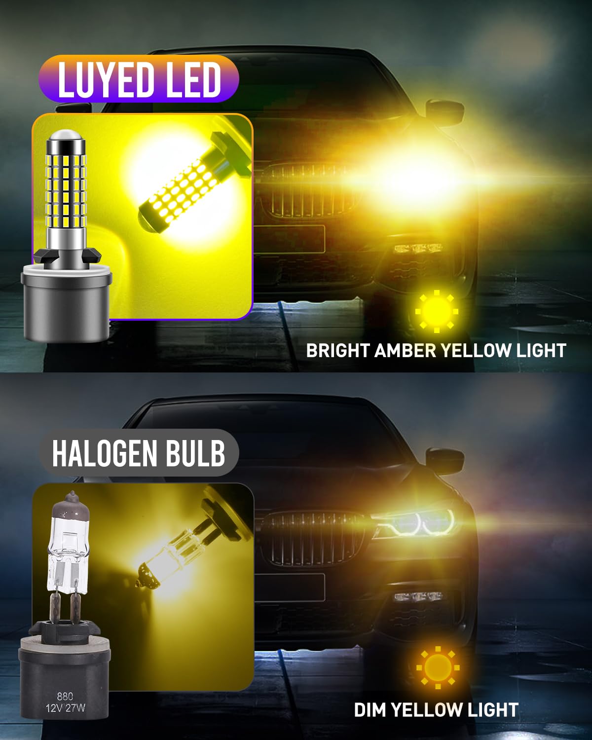 LUYED 880 LED fog lights in rainy night driving scene