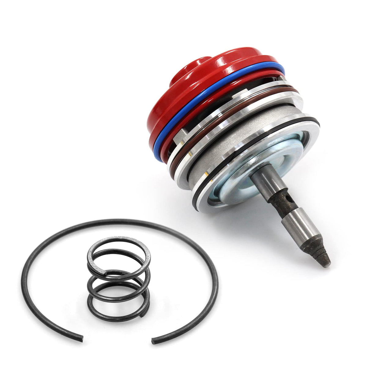 LVOUP servo piston assembly with cover and snap ring in red for Corvette transmissions.