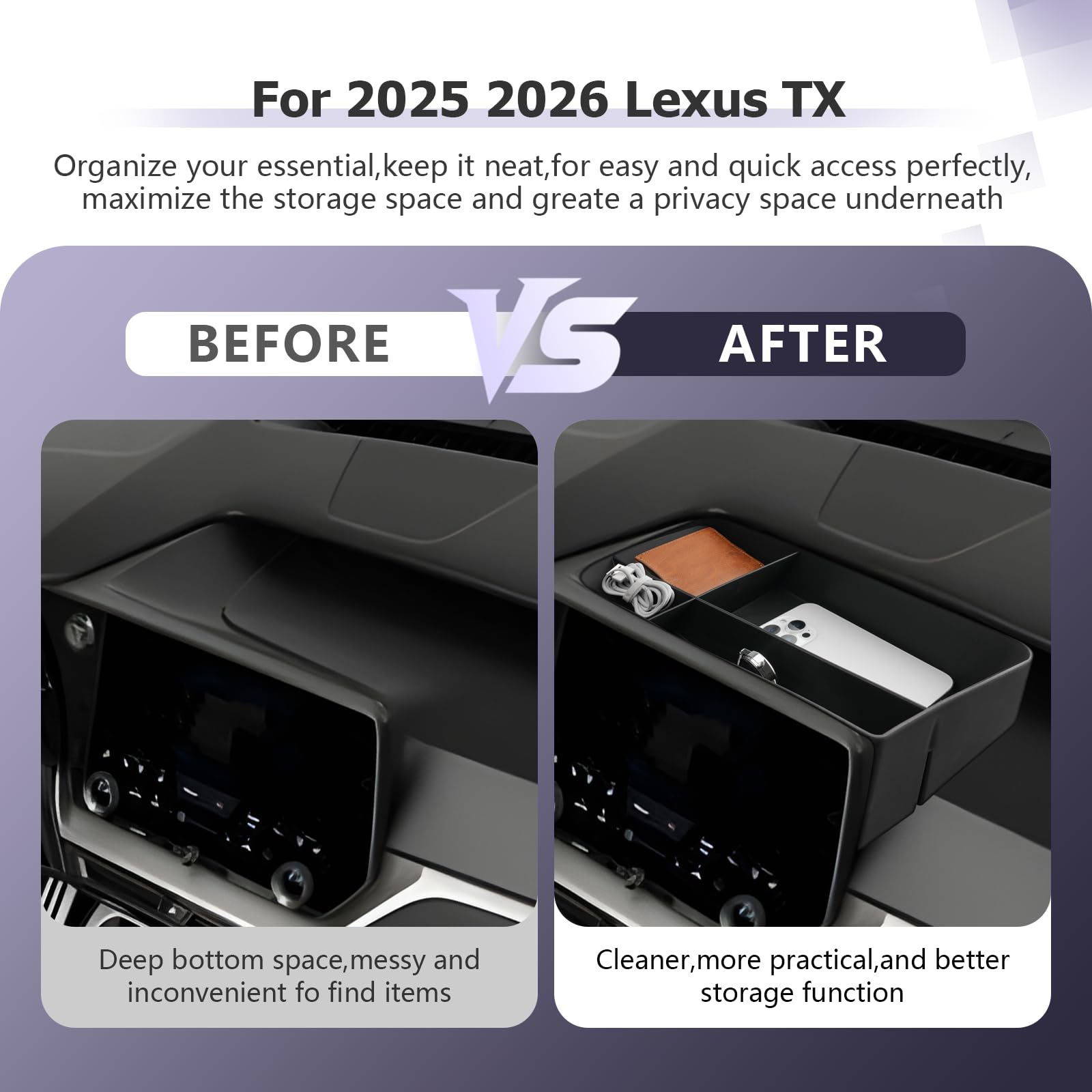 LUWU TX center-console detail highlights organized storage compartments.