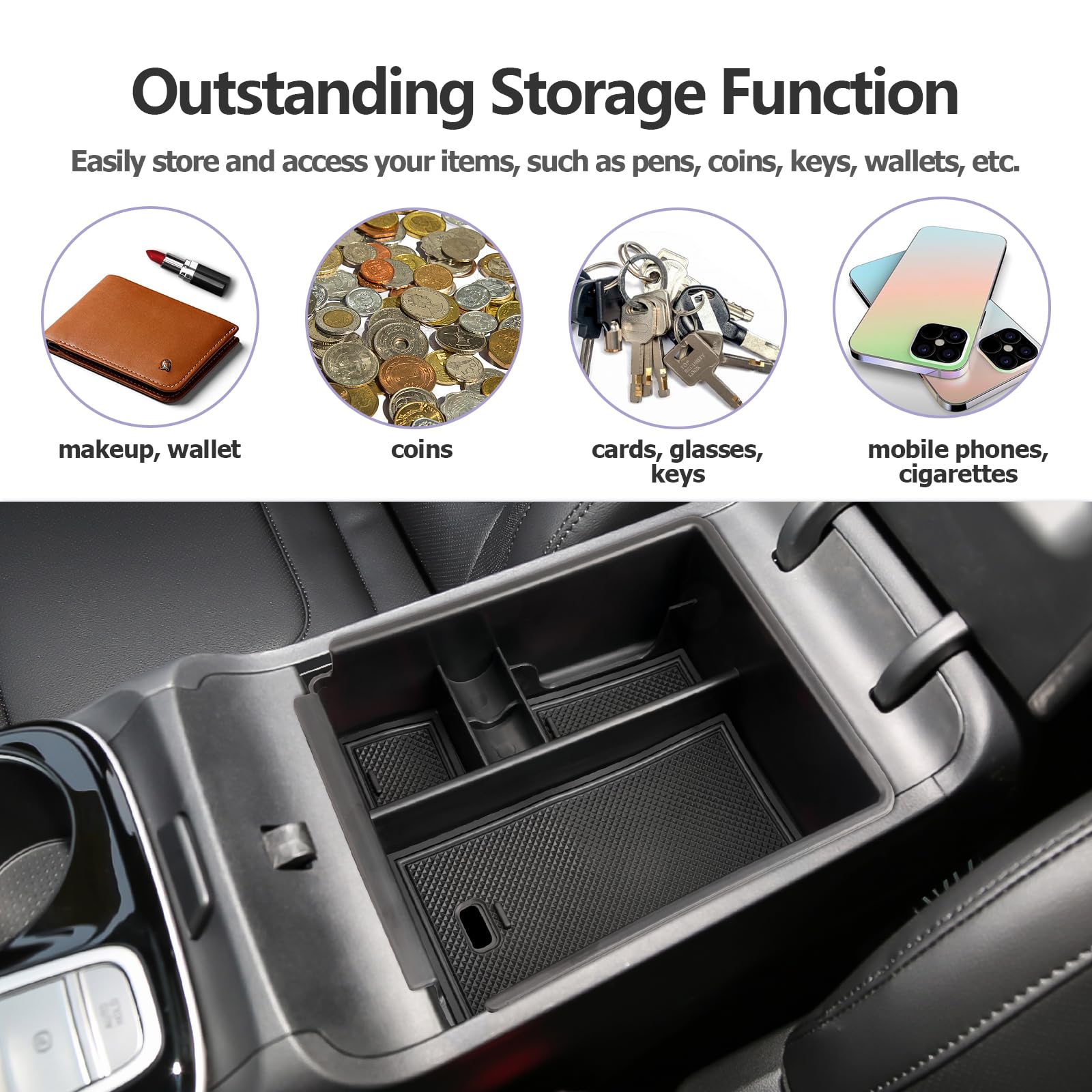 LUWU center console organizer installs tool-free, fitting directly into the Tucson's center console