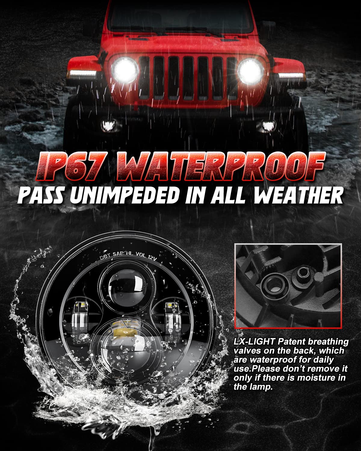 LX-LIGHT IP67 waterproof seal protects internal components in rain.