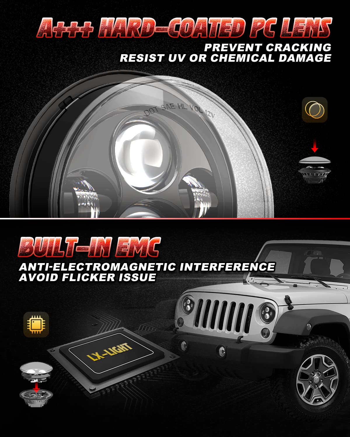 LX-LIGHT Jeep Wrangler headlight with H6024 fitment for rugged off-road use.