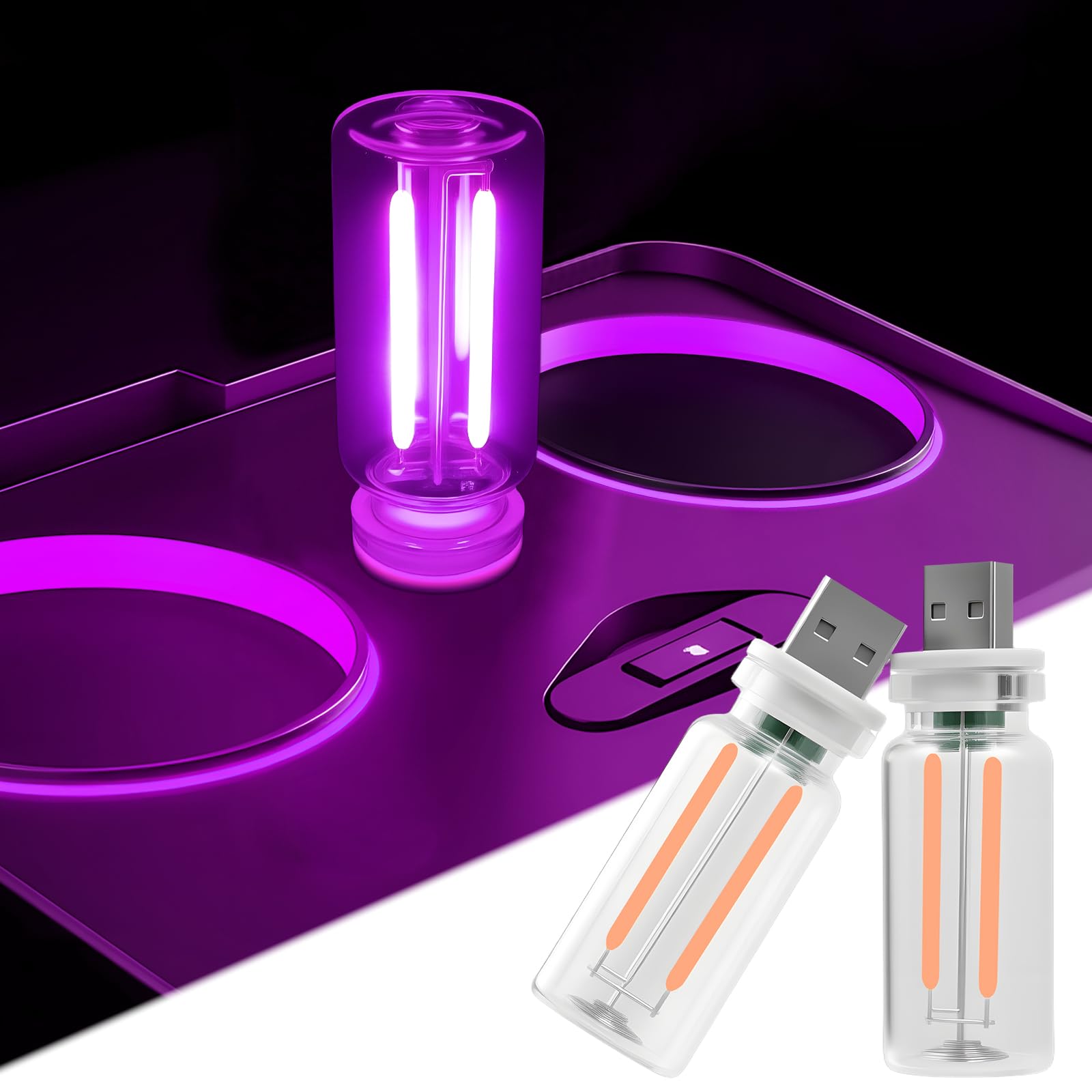 LYCARESUN 2-pack car USB night light purple glow for car interiors