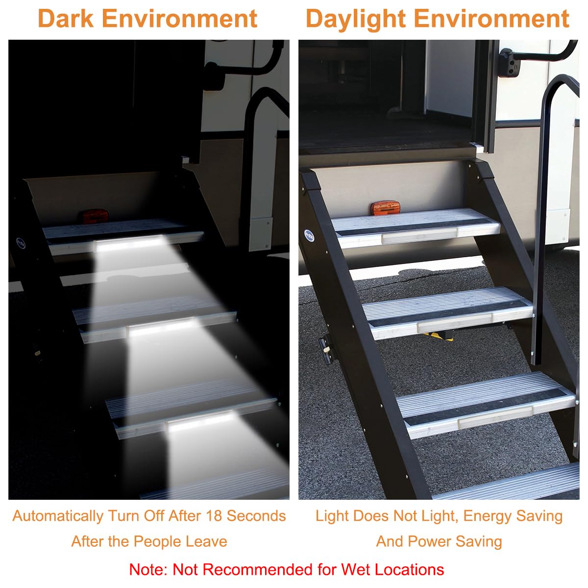 LYCARESUN RV step light auto-off after 18 seconds to conserve energy.