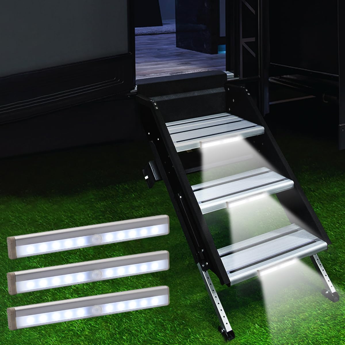 LYCARESUN RV step light with magnetic back for quick, tool-free mounting on RV steps.