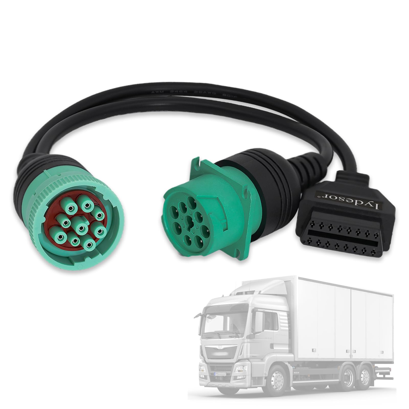 Lydesor J1939 9-pin to OBD2 adapter close-up for rugged truck diagnostics.