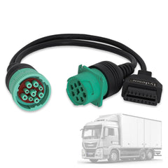 Lydesor J1939 9-pin to OBD2 adapter close-up for rugged truck diagnostics.