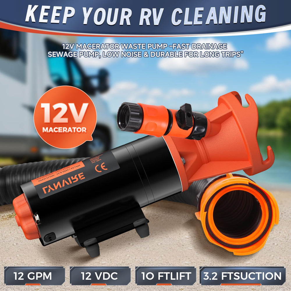 Lynvire RV Macerator Pump demonstrates 12 GPM flow for quick tank drainage.