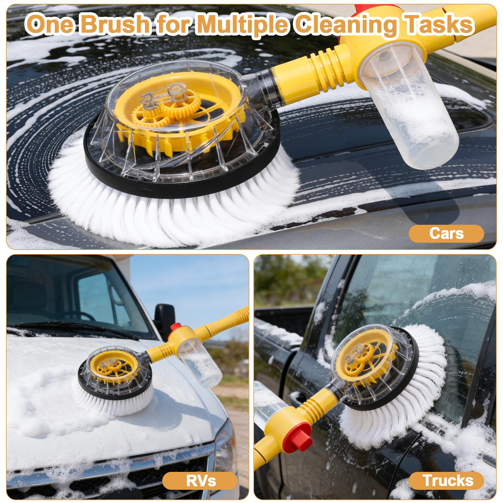 Soft wash head preserves surfaces while removing dirt and dust.