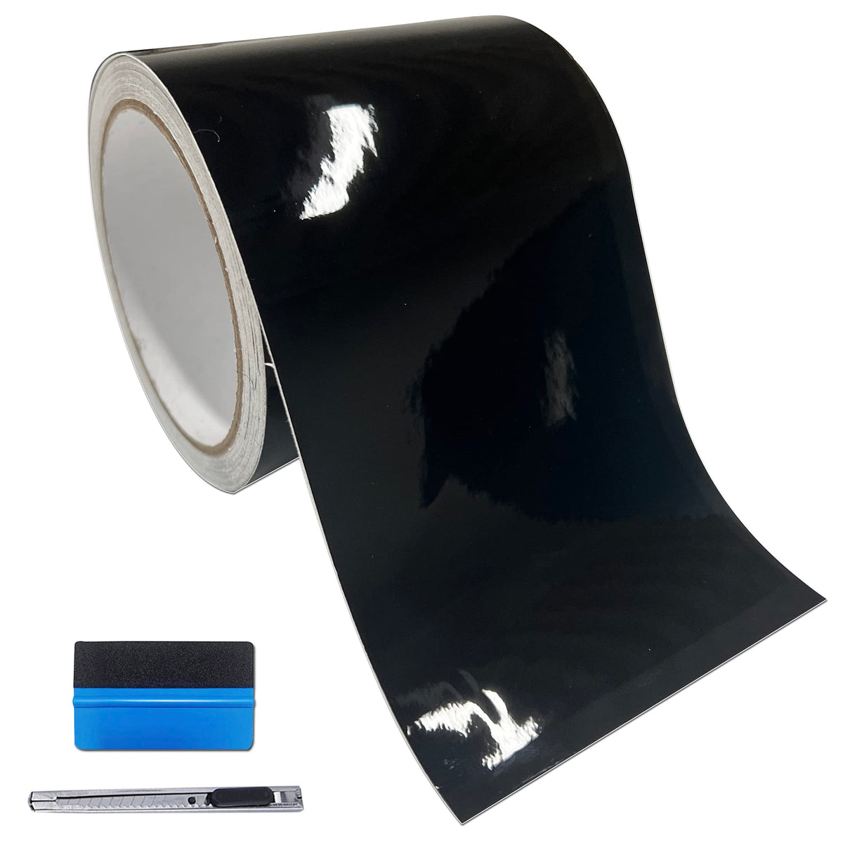 LZLRUN high-gloss vinyl wrap kit demonstrates a 3in x 30ft roll for chrome delete.