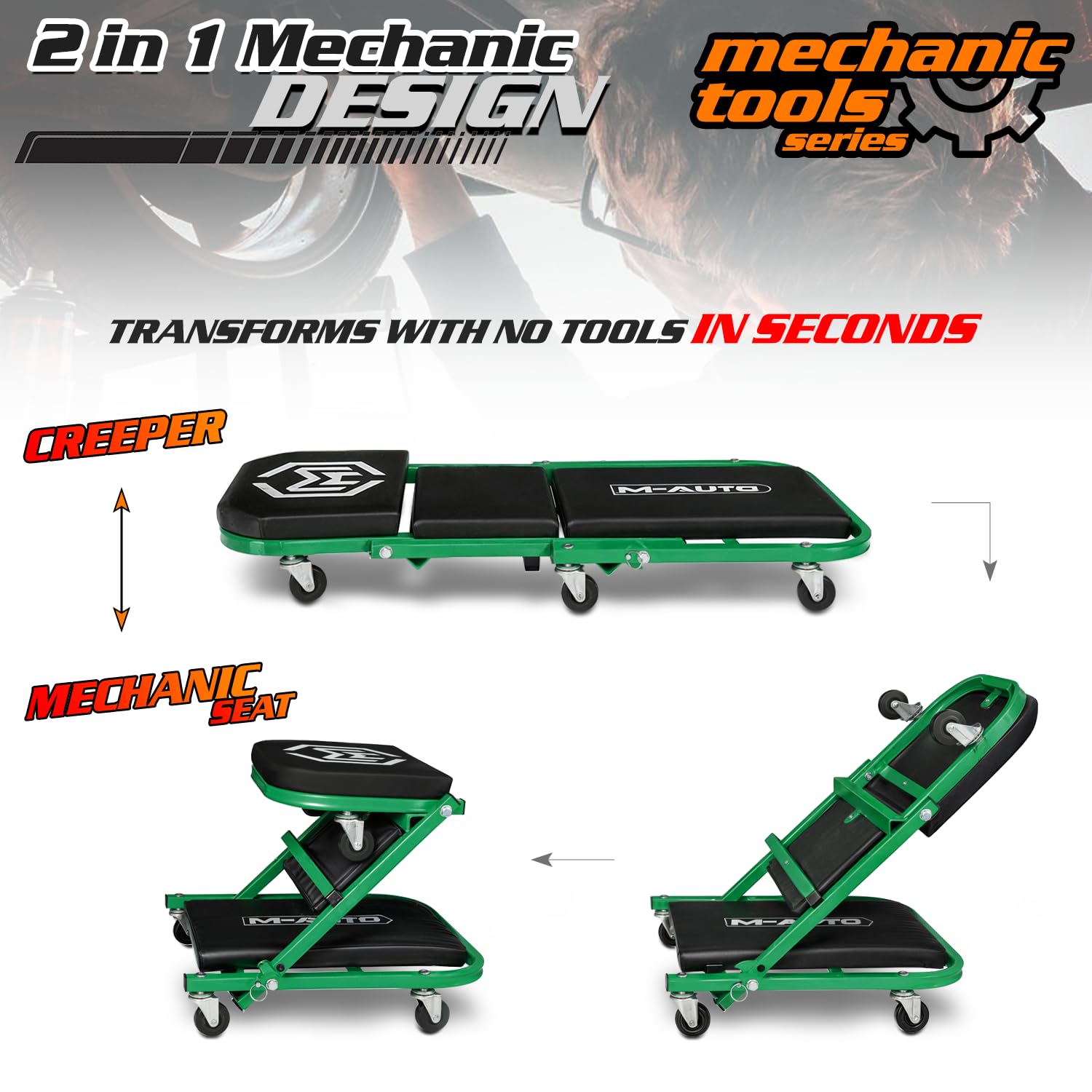M-AUTO non-marring wheels protect floors while moving under a vehicle.