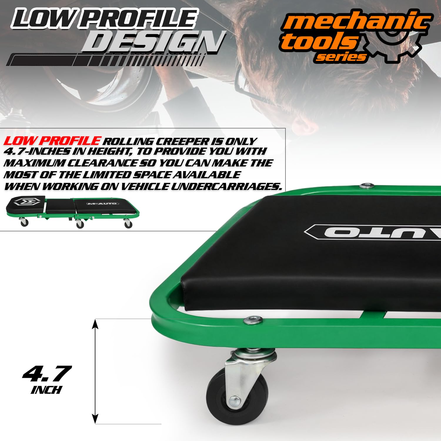 M-AUTO thick padded cushion adds extra comfort during maintenance tasks.