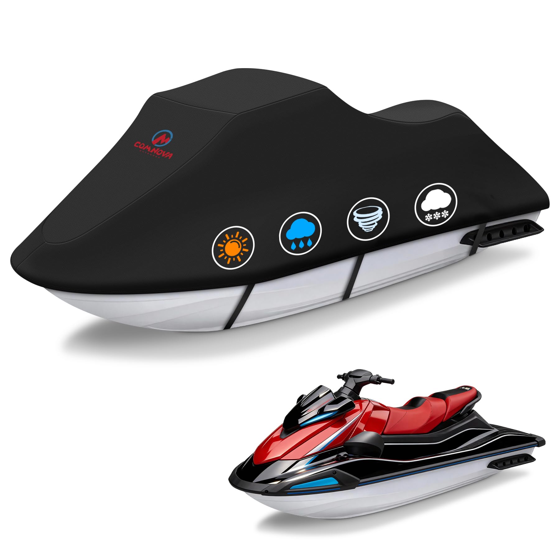 Comnova Jet Ski Cover 115-120 inch fits 2-3 seaters with rugged 600D fabric protection.