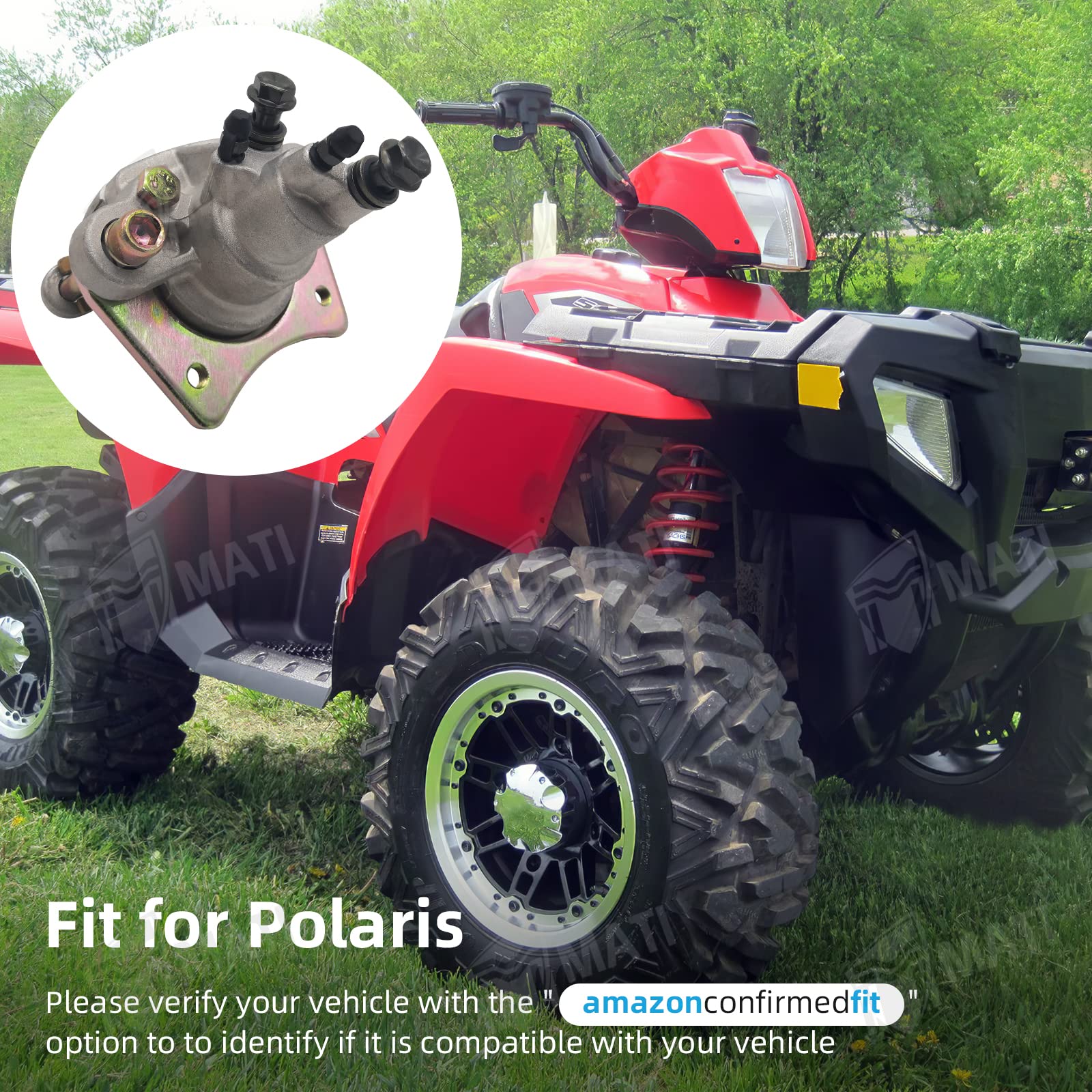 M MATI rear brake caliper installed on Polaris Sportsman 800 for direct install.