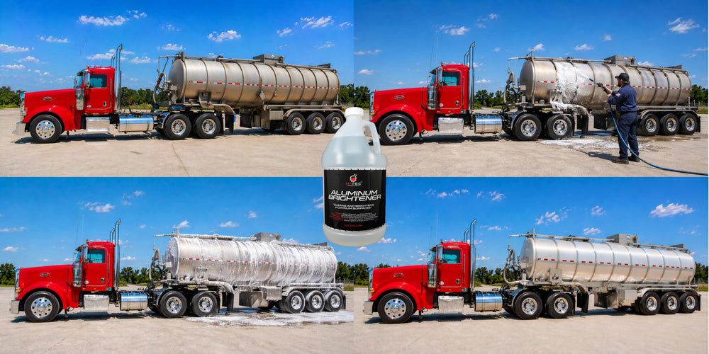 M-Tec Aluminum Brightener Concentrate being sprayed illustrates easy, spray-on application.
