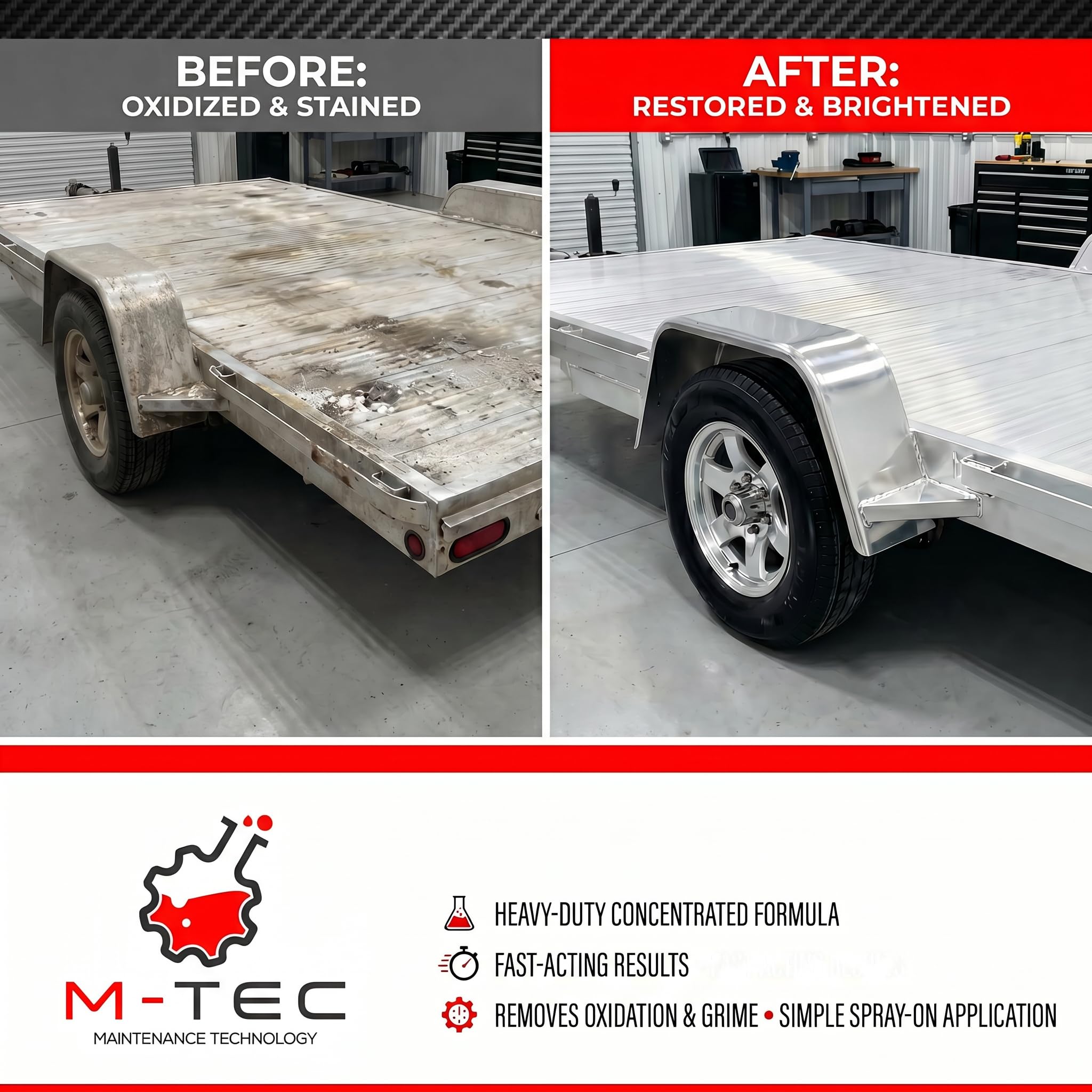 M-Tec Aluminum Brightener Concentrate on trailers demonstrates oxidation removal and shine.