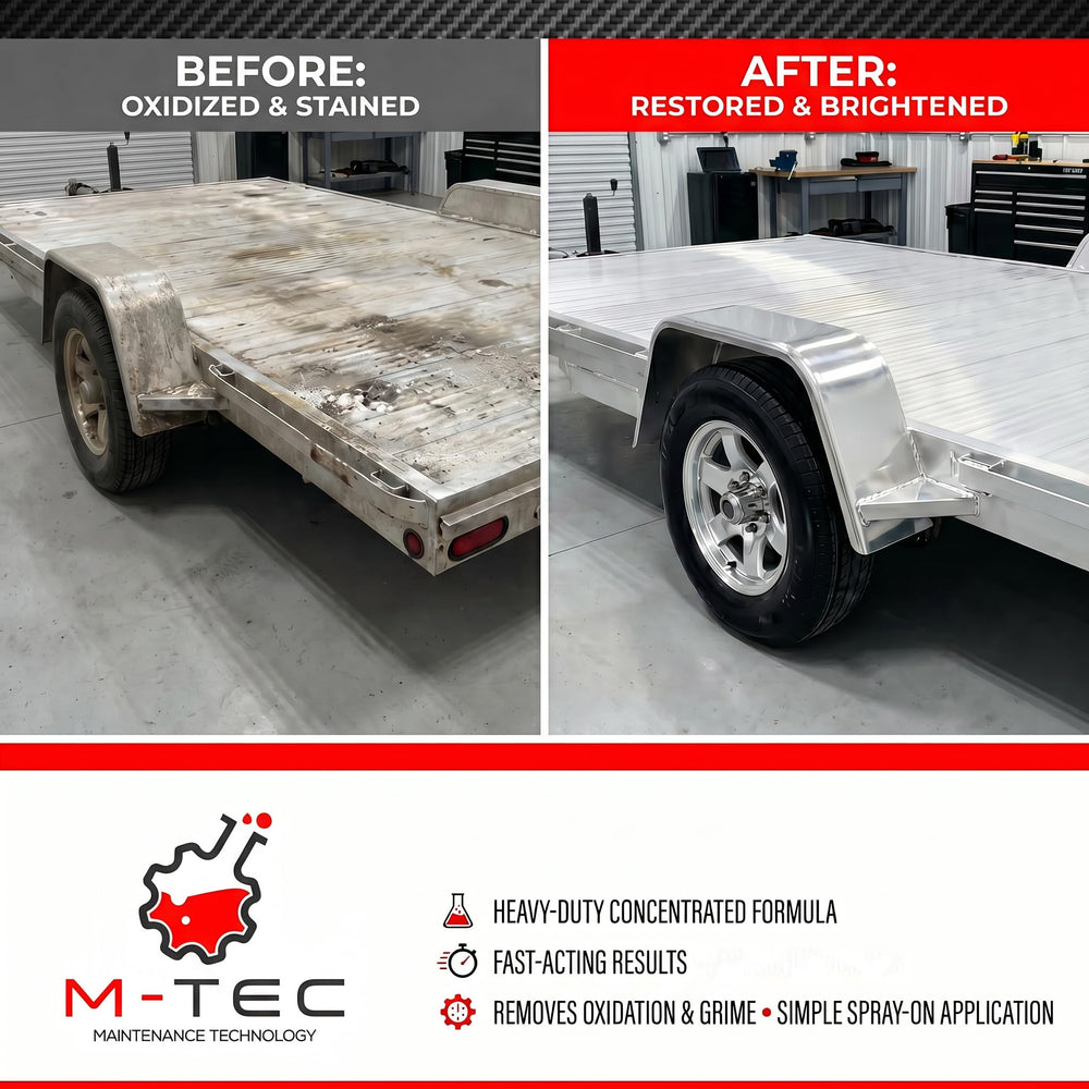 M-Tec Aluminum Brightener Concentrate on trailers demonstrates oxidation removal and shine.