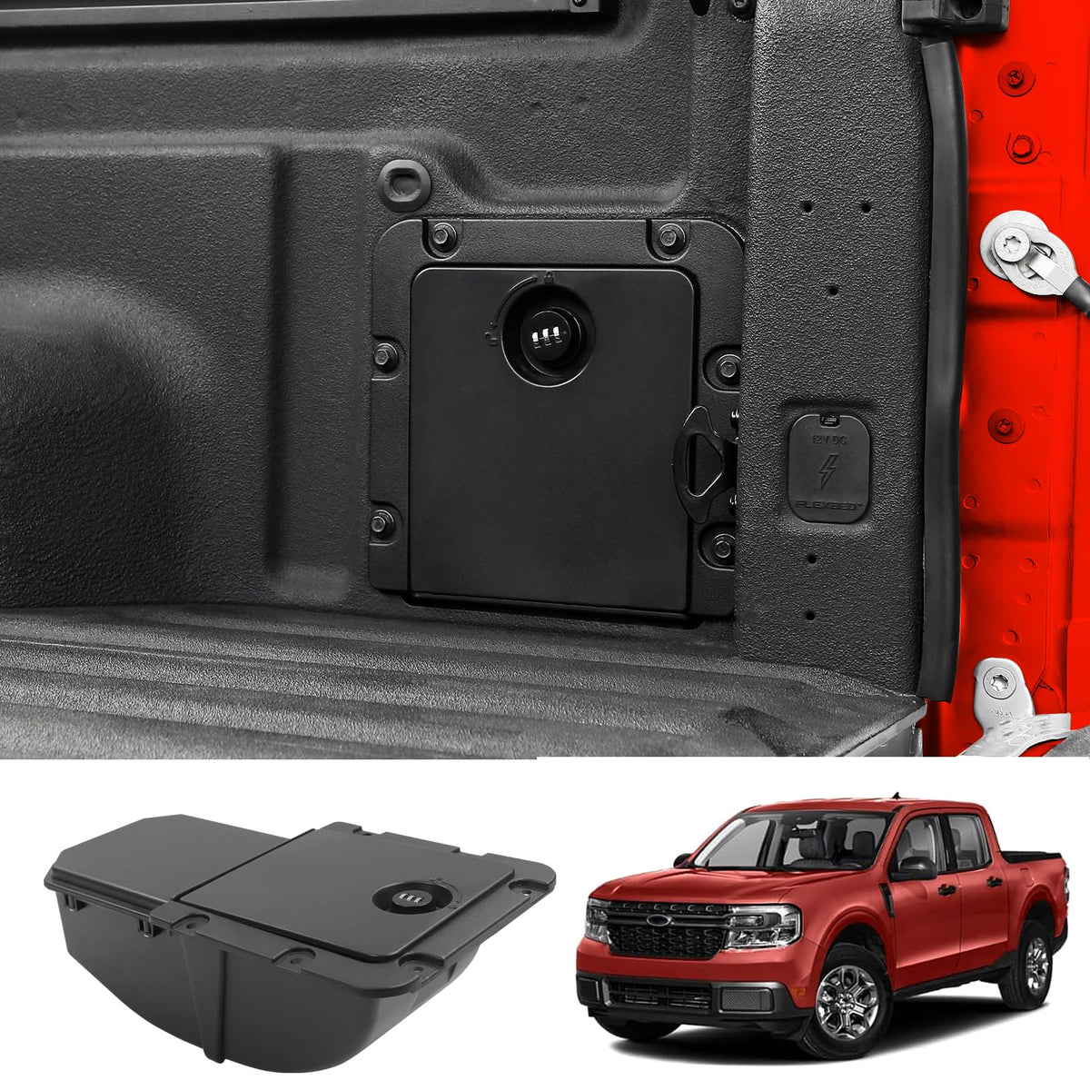 Mabett bed cargo bin on left side fits Maverick XL for organized storage.