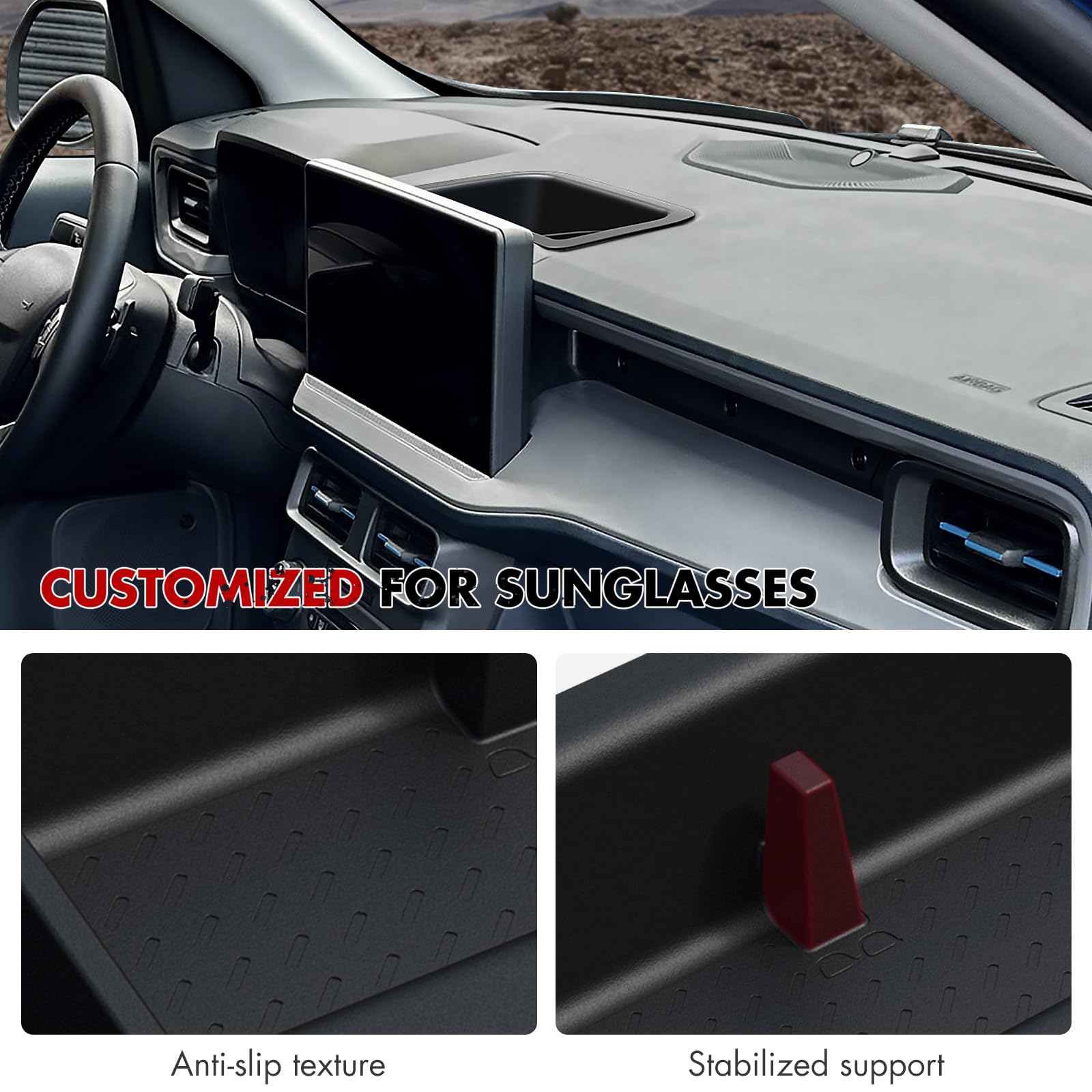 Mabett behind-screen sunglasses compartment keeps eyewear secure during drives