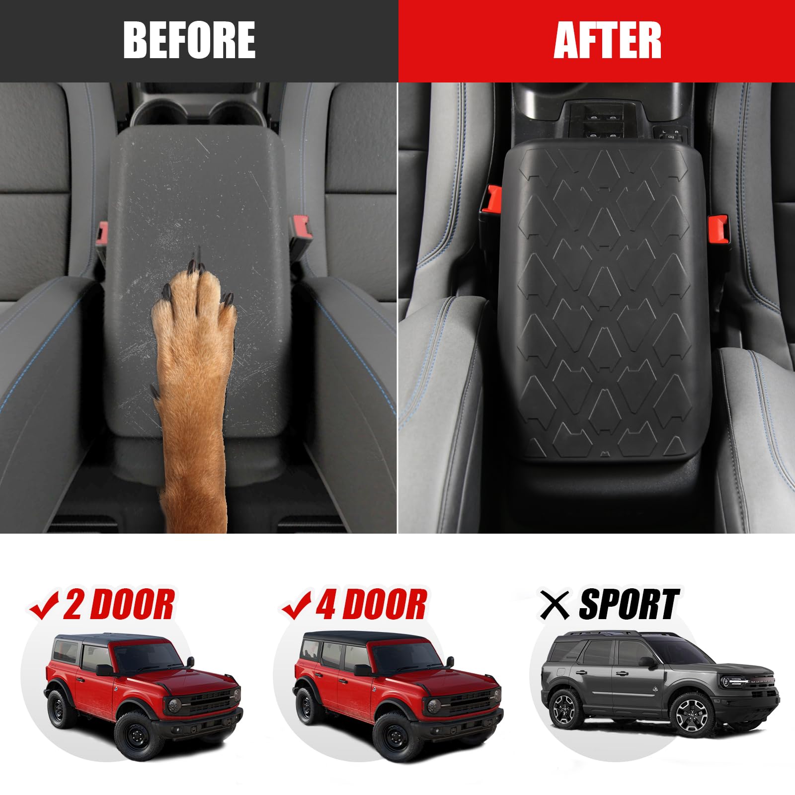 Mabett installation view shows easy fit for Bronco, preserving original armrest look.