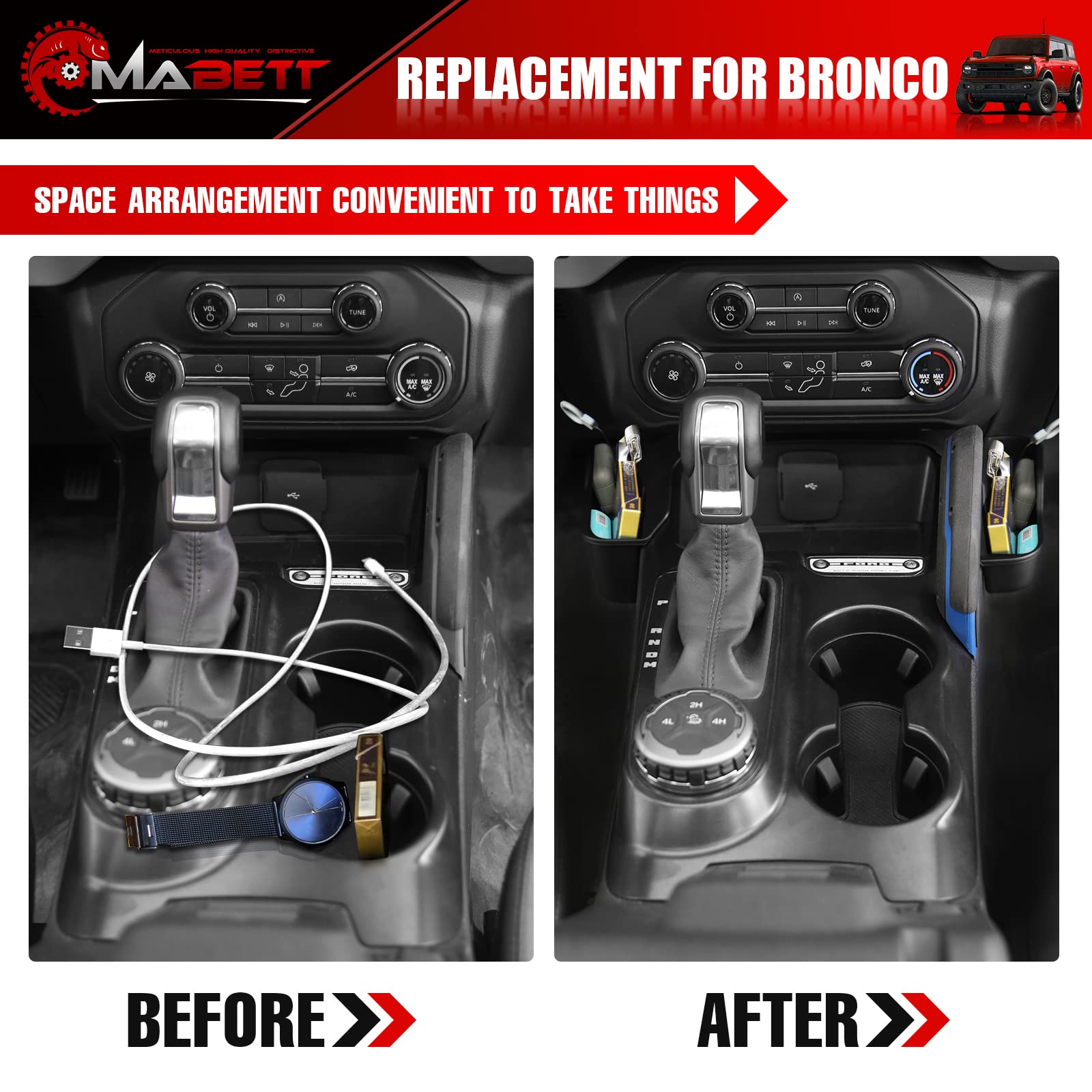 Mabett center-console shifter storage keeps essentials within reach while driving