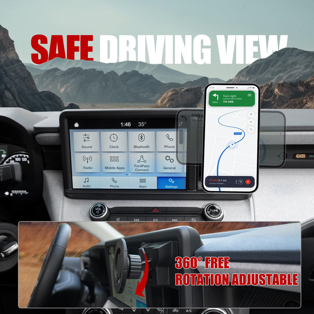 Mabett Ford Maverick cubby dash mount preserves screen visibility during navigation.