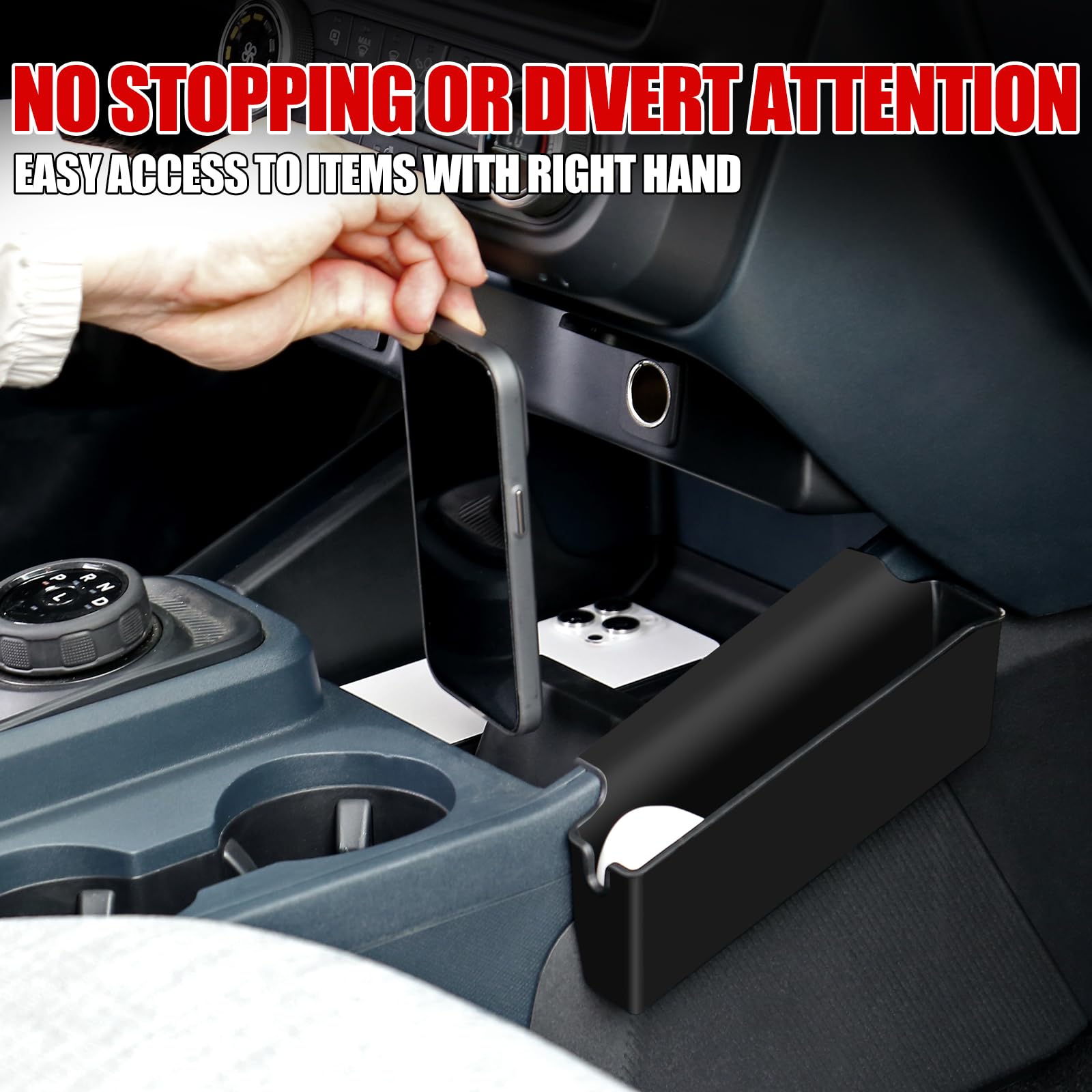 Mabett gear and small-item organizer supports safe, unobtrusive storage near the shifter.
