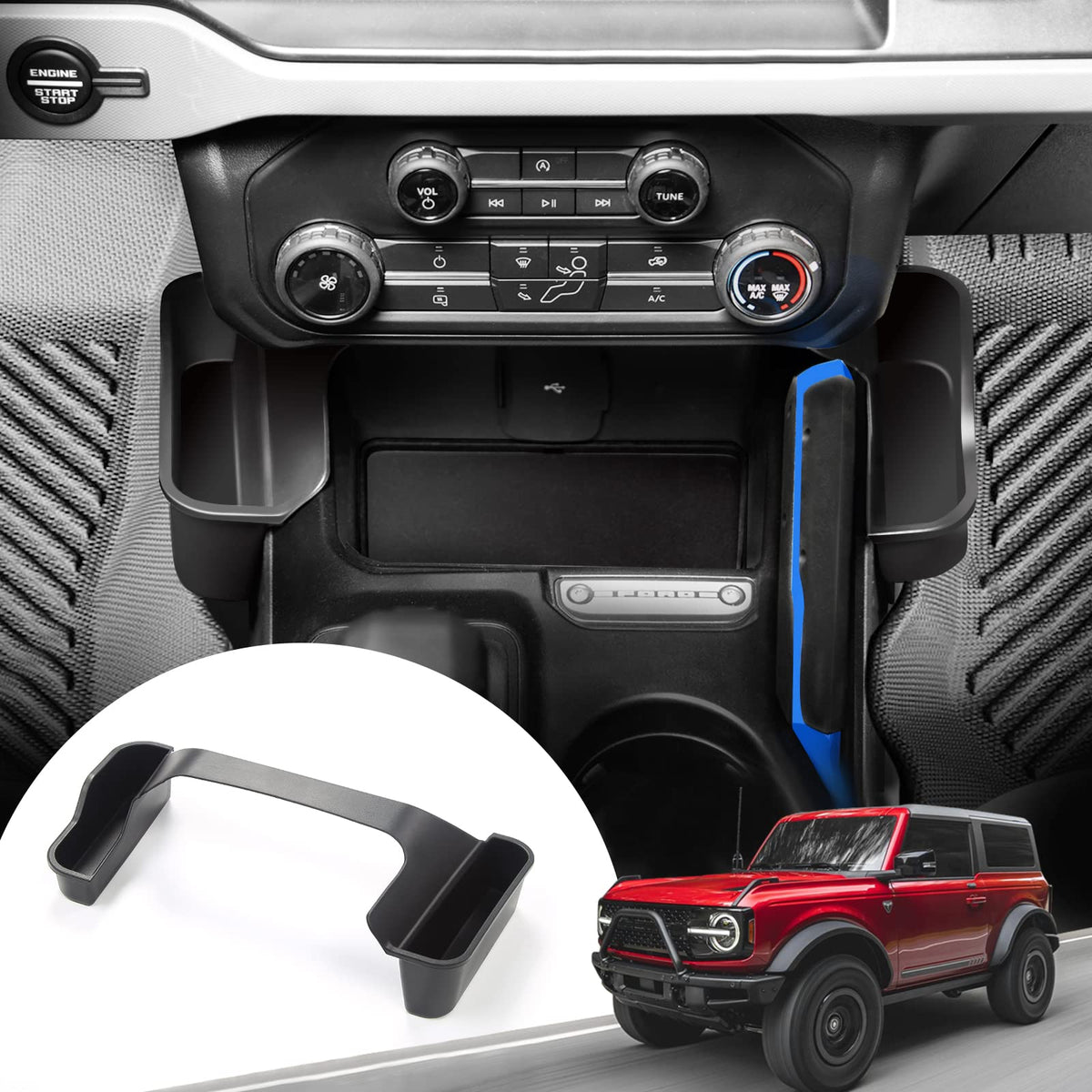 Mabett gear-side storage box for Bronco keeps small items organized beside the gear shift