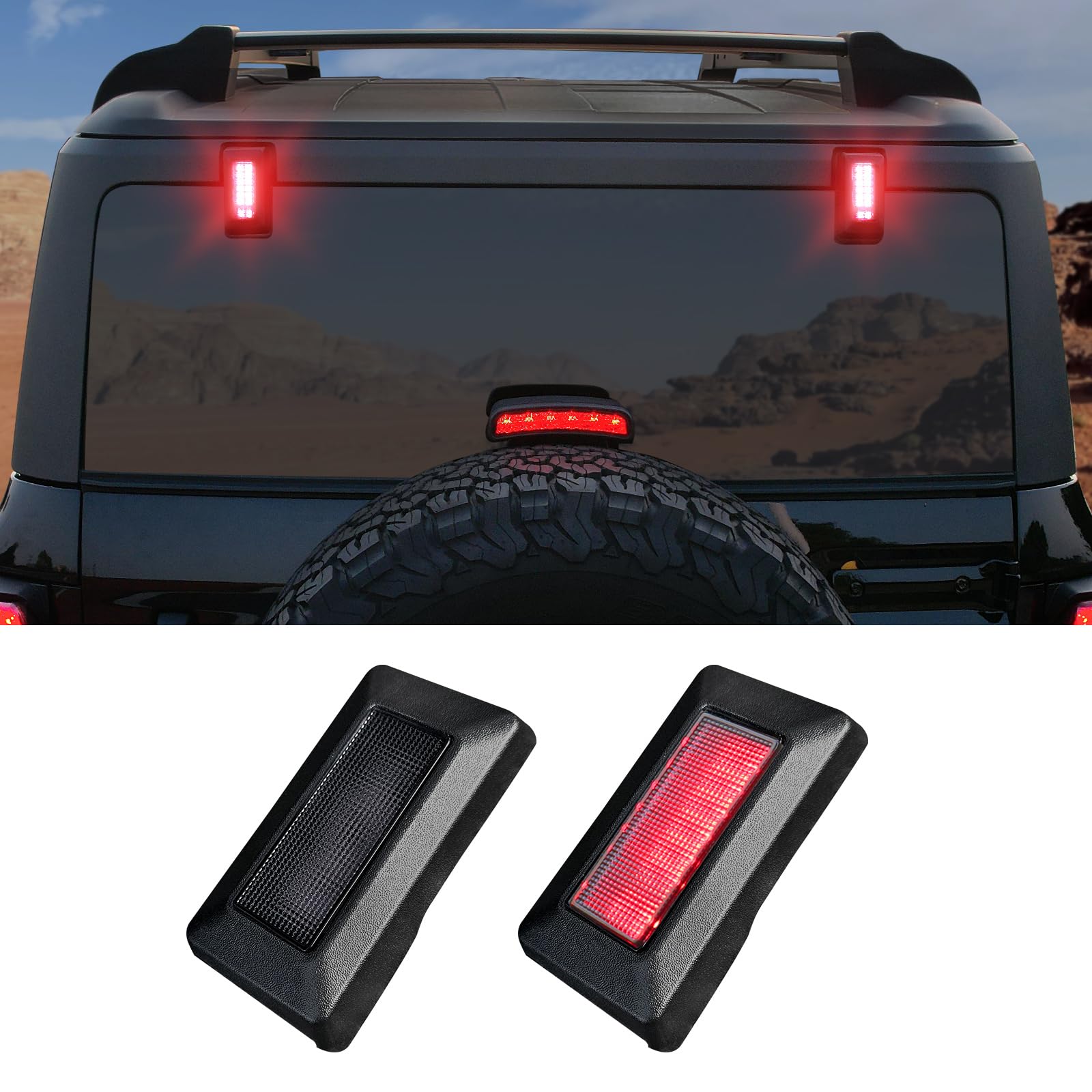 Mabett LED rear window light on Bronco hinge close-up, OEM-like fit and clear signaling.