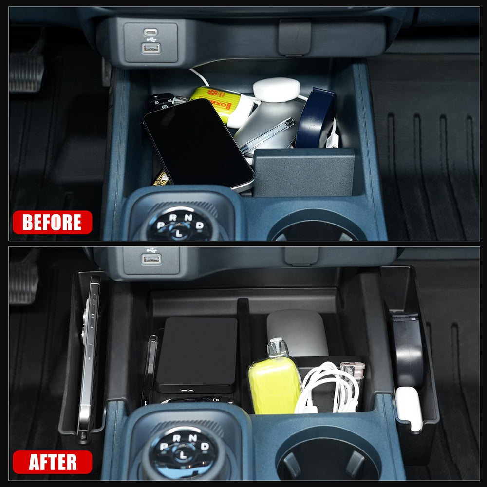 Mabett center-console storage tray with three compartments for easy item separation.