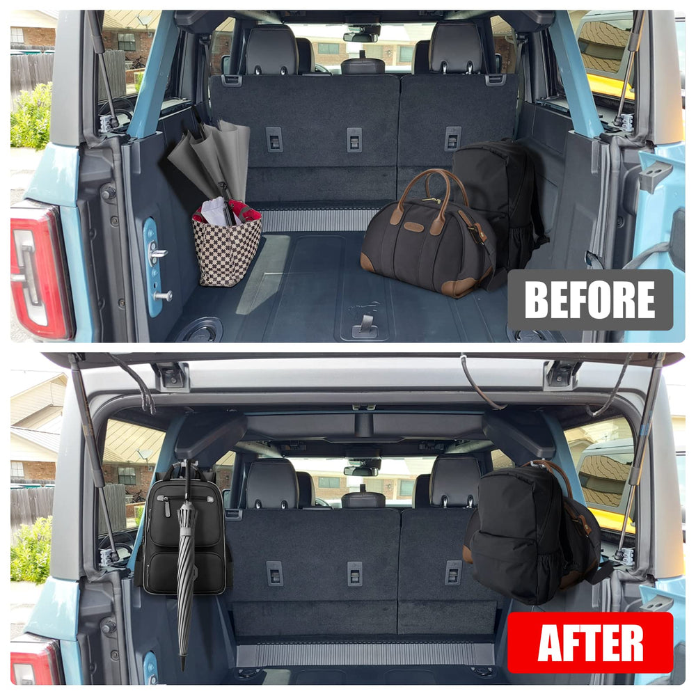 Mabett aluminum TJ-shaped hook holds two bags in trunk