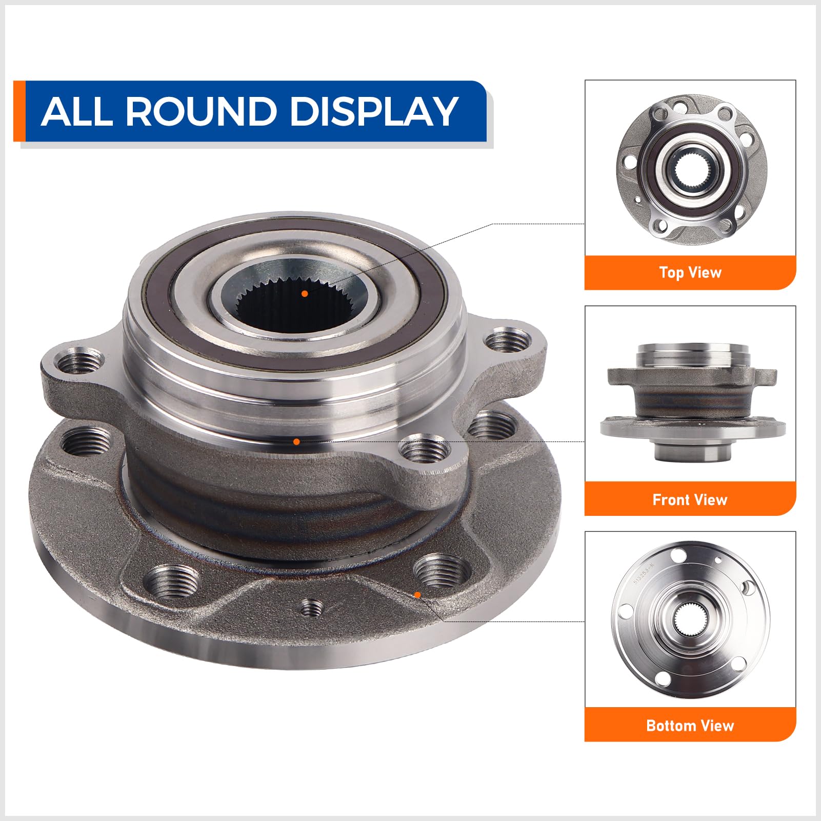 MACEL 513253 wheel bearing hub assembly side view highlighting robust mount and durability.