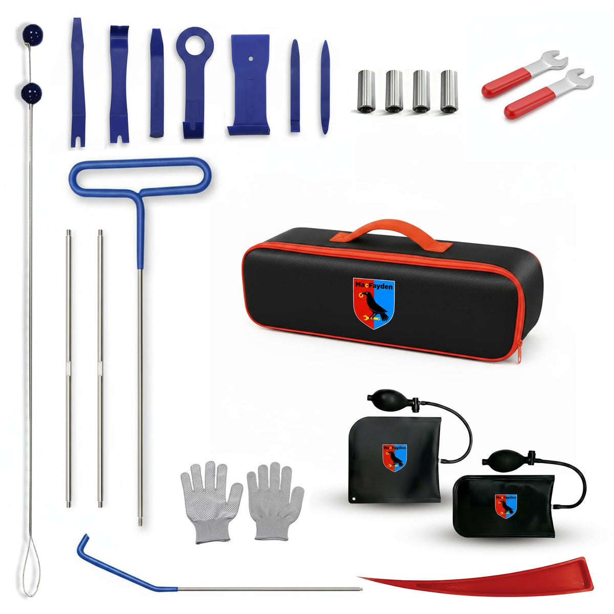 MacFayden 24-piece stainless steel repair kit laid out for comprehensive maintenance tasks