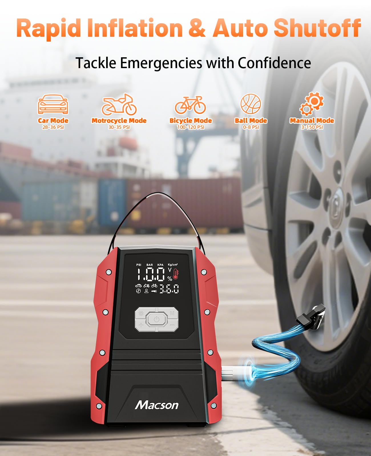 Macson 5000A jump starter air compressor hose connected for on-site inflation.