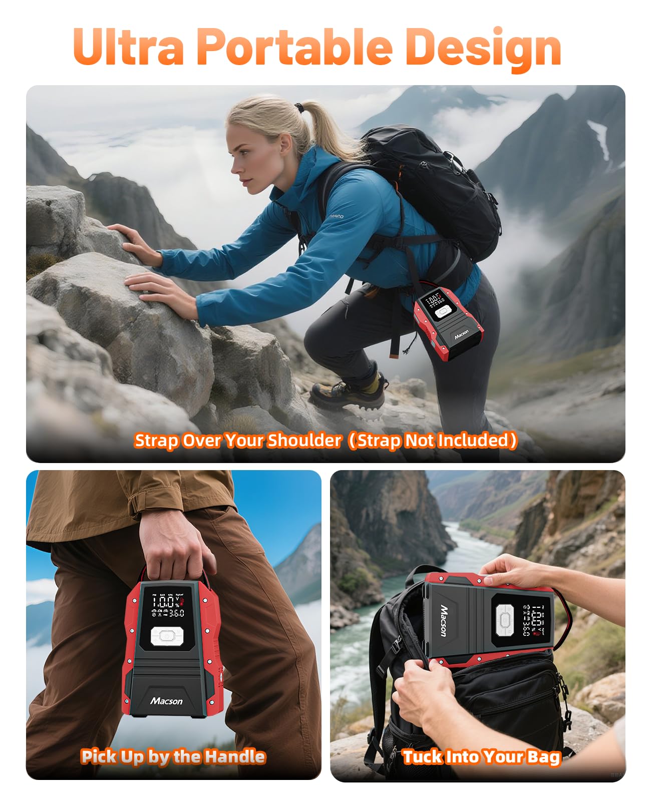 Macson 5000A compact storage bag with jump starter and accessories.
