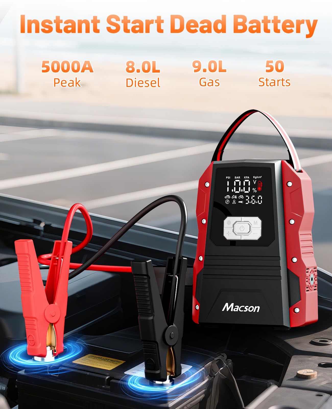 Macson 5000A jump starter with digital display showing live voltage and status.